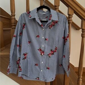 Mona Striped Western Boho Button Up Shirt with Rose Embroidery